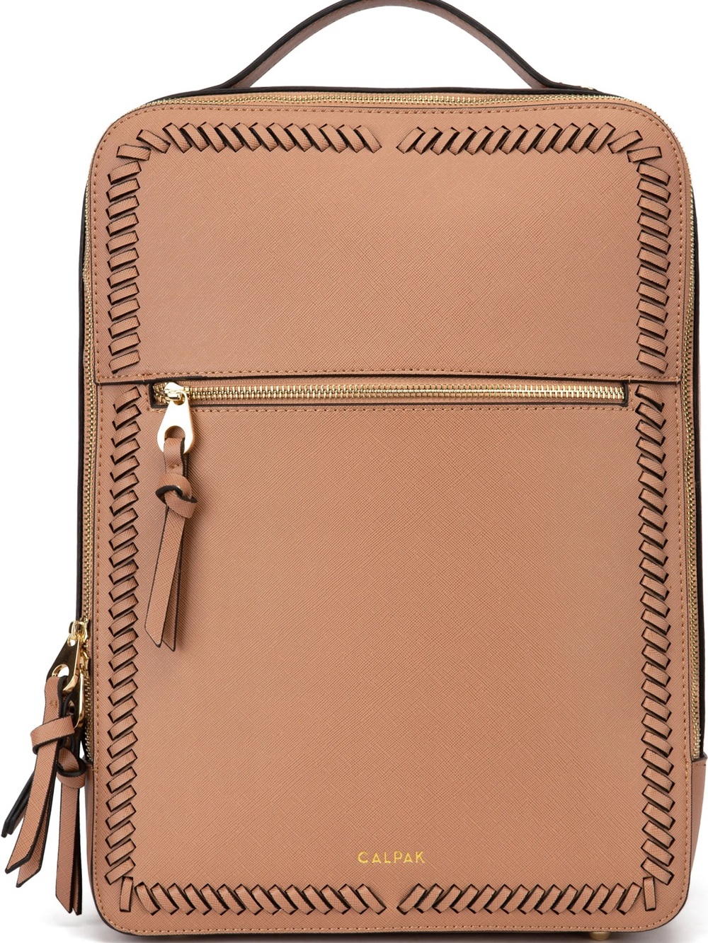 Calpak Tan Saffiano Leather Backpack with Woven Trim